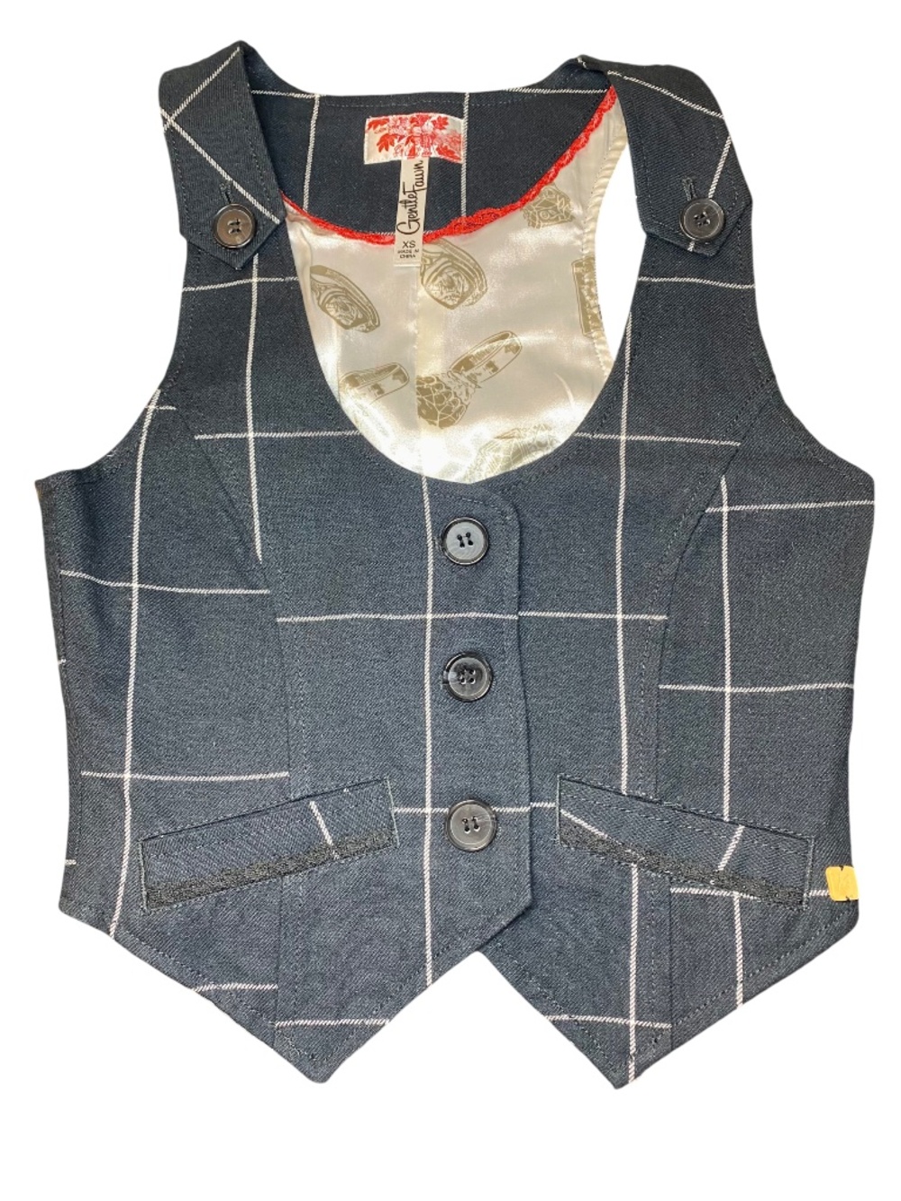 Gentle Fawn Navy Blue Plaid Cotton Tailored Crop Vest Lace Detail XS NWOT